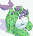 anthro bangs belly belly_overhang big_belly big_breasts black_eyebrows black_sclera breasts button_ears countershading deep_navel eyebrows eyelashes featureless_breasts female female_anthro fin floppy_ears fur green_body green_ears green_fur green_tail green_whiskers hair kneeling long_hair markings multicolored_body multicolored_fur multicolored_tail navel nipples non-mammal_breasts non-mammal_navel non-mammal_nipples open_mouth orange_body orange_fur orange_tail overweight overweight_anthro overweight_female pink_tongue purple_body purple_eyelashes purple_eyes purple_fin purple_fur purple_hair purple_nose purple_tail sagging_breasts shadow simple_background snout solo spots spotted_body spotted_fur spotted_markings spotted_tail tail tail_fin tail_markings teal_body teal_fur teal_tail teeth thick_thighs tongue whiskers white_background white_body white_fur mmuhu domestic_cat felid feline felis fish hybrid mammal marine 2023 hi_res