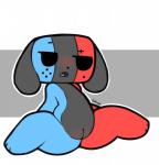 2017 animate_inanimate anthro bakap biped black_eyes black_nose blue_body blush canid digital_media_(artwork) female flat_chested genitals grey_body hi_res mammal nintendo nintendo_switch nude open_mouth pussy red_body simple_background sitting solo switch_dog thick_thighs toony