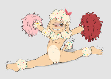 4_toes accessory ankle_tuft anthro arm_tuft bodily_fluids bow_ribbon brown_eyes cheerleader clenched_teeth clitoris countershade_fur countershade_torso countershading ear_tuft extended_arms feet female female_anthro flat_chested flexible food front_view fur genitals grin hair_accessory hair_bow hair_ribbon head_tuft leg_tuft looking_at_viewer motion_onomatopoeia multicolored_body multicolored_fur navel neck_tuft nipples nude nude_anthro nude_female one_eye_closed onomatopoeia pink_nose pom_poms pose ribbons simple_background smile solo sound_effects splits spread_legs spreading sprinkles straining sweat sweaty_face tail tail_motion tail_tuft tailwag tan_body tan_fur teeth text toes tremble_spikes tuft vulva wink winking_at_viewer wrist_tuft young young_anthro young_female nononge sprinkles_(urbansaint) canid canine canis domestic_dog food_creature mammal poodle 2026 absurd_res alternate_version_at_source artist_name digital_drawing_(artwork) digital_media_(artwork) english_text flat_colors hi_res