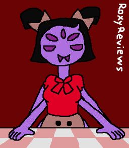 anthro black_hair bow_ribbon button_(fastener) checkered extra_arms fangs female furniture hair hands_on_table long_neck multi_eye neckwear solo table teeth roxyreviews undertale undertale_(series) muffet arachnid arthropod monster spider low_res
