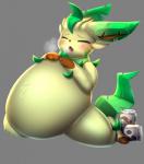 ambiguous_gender belly big_belly blush breath candy chocolate chocolate_milk dessert eyes_closed flavored_milk food grey_background kneeling milk overweight overweight_ambiguous semi-anthro simple_background solo stuffing weight_gain revous nintendo pokemon lef_(996cobalt) eeveelution generation_4_pokemon leafeon mammal pokemon_(species) 2019