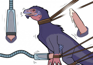 bdsm bondage bound feathers feral forced forced_orgasm genitals male motion_lines open_mouth orgasm penile penis penis_milking penis_milking_machine restraints rope rope_around_neck rope_bondage solo rtianfnu ark_survival_(series) dinosaur feathered_dinosaur feathered_scalie prehistoric_species reptile saurischian scalie therizinosaurid therizinosaurus theropod