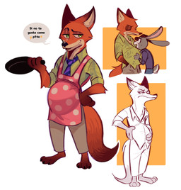 aloha_shirt anthro apron belly big_belly bodily_fluids bottomwear brown_body brown_fur clothing cotton_tail dialogue dipstick_tail duo female fur geometric_background green_eyes grey_body grey_fur hand_on_belly hand_on_hip holding_pan male markings necktie orange_body orange_fur pan pants pattern_clothing pattern_shirt pattern_topwear plantigrade pregnant pregnant_anthro pregnant_male shirt simple_background speech_bubble sweat sweatdrop tail tail_markings tan_body tan_fur text topwear viat_on disney zootopia judy_hopps nick_wilde canid canine european_rabbit fox lagomorph leporid mammal oryctolagus rabbit red_fox true_fox 2024 hi_res sketch_page spanish_text translated