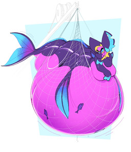 anthro belly big_belly big_ears blue_eyeshadow eyeshadow facial_hair fishing_net goatee half-closed_eyes horn huge_belly hyper hyper_belly looking_at_viewer makeup male narrowed_eyes net overweight overweight_anthro overweight_male pink_body purple_body solo split_form tail thick_tail yellow_sclera boot_(artist) boot_(character) aquatic bat bovid caprine goat mammal merfolk merfolk_taur taur 2025 hi_res