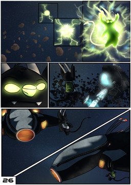 4_fingers backpack bioluminescence black_body black_fur clothed clothing fangs fingers fur glowing glowing_eyes head_tuft horn long_tail male notched_ear space space_station spacecraft spade_tail tail teeth tuft vehicle evilbunnyking disney lilo_and_stitch fan_character tsuki_akurei alien experiment_(lilo_and_stitch) absurd_res comic hi_res