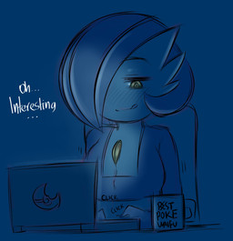 blush computer container cup dialogue electronics ellipsis female hair hair_over_eye laptop mug not_furry one_eye_obstructed solo text tongue saltyxodium nintendo pokemon gardevoir generation_3_pokemon pokemon_(species) 2021 absurd_res english_text hi_res