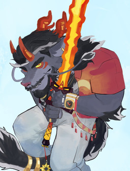 anthro arm_tuft beard black_hair bottomwear clock clothing ear_piercing elbow_tuft eyebrows facial_hair grey_body hair high-angle_view holding_object holding_weapon horn looking_at_viewer male melee_weapon pants piercing red_horn shirt simple_background solo sword topwear tuft watch weapon wristwatch macholobo mythology solomon_(nickad69) dragon eastern_dragon mythological_creature mythological_scalie scalie 2025 hi_res