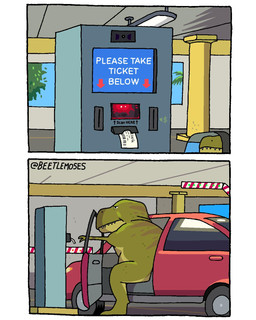 2_panel_comic ambiguous_gender car feral humor parking_lot reaching sitting solo text vehicle beetlemoses dinosaur prehistoric_species reptile saurischian scalie theropod tyrannosaurid tyrannosauroid tyrannosaurus tyrannosaurus_rex 4:5 comic english_text hi_res