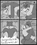 anthro blush dialogue duo eyes_closed eyewear glasses heart_symbol male sex sitting text axismarcy unicorn_wars padre_(unicorn_wars) sargento_caricias bear mammal 2023 absurd_res comic hi_res monochrome spanish_text