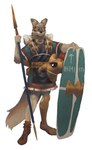 anthro armor brown_body brown_fur chainmail clothed clothing collar footwear fur greek greek_armor greek_clothing headgear helmet holding_melee_weapon holding_object holding_weapon leg_armor looking_at_viewer male melee_weapon polearm shield shoes simple_background solo spear tail topwear weapon pelzibat canid canine canis coyote mammal 2022 absurd_res digital_media_(artwork) hi_res