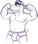 anthro backwards_cap belly briefs briefs_only bulge clothed clothing colored_seam_underwear common_hippopotamus flexing flexing_bicep flexing_both_biceps goronic hi_res hippopotamid male mammal monochrome muscular navel nipples pecs purple_seam_briefs purple_seam_underwear short_tail sketch smile smirk solo tail teeth tighty_whities tongue tongue_out topless underwear underwear_only white_briefs white_clothing white_underwear