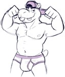 anthro backwards_cap belly briefs briefs_only bulge clothed clothing colored_seam_underwear flexing flexing_bicep flexing_both_biceps male muscular navel nipples pecs purple_seam_briefs purple_seam_underwear short_tail smile smirk solo standing tail teeth tighty_whities tongue tongue_out topless underwear underwear_only white_briefs white_clothing white_underwear goronic common_hippopotamus hippopotamid mammal digital_media_(artwork) hi_res monochrome portrait sketch three-quarter_portrait