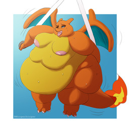 anthro areola big_breasts blep blue_eyes bodily_fluids breasts exercise female huge_breasts morbidly_obese morbidly_obese_anthro morbidly_obese_female nipples obese obese_anthro obese_female overweight overweight_anthro overweight_female solo sweat tail thick_thighs tongue tongue_out whooperscooper nintendo pokemon charizard generation_1_pokemon pokemon_(species) absurd_res hi_res