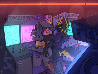 anal anal_penetration anthro anthro_on_anthro anthro_penetrated anthro_penetrating anthro_penetrating_anthro arcade arcade_machine black_body black_fur bottomwear clothing doggystyle duo from_behind_position fur half-closed_eyes hoodie looking_pleasured male male/male male_anthro male_penetrated male_penetrating male_penetrating_male narrowed_eyes pants penetration penile penile_penetration penis_in_ass sex smile smirk smug smug_face standing standing_sex sweatpants text topwear yellow_body yellow_fur xing1 polybius nick_(xing1) canid canine canis domestic_dog lagomorph leporid mammal rabbit 4:3 digital_media_(artwork) english_text hi_res