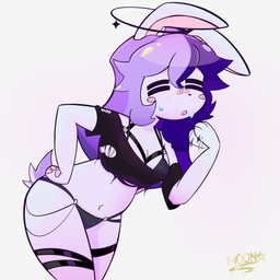 anthro blush bodily_fluids breasts_strap clothed clothing eyes_closed fanning fanning_self female female_anthro hair panties pawpads purple_hair solo sweat thigh_strap torn_clothing underwear stellarmoon absurd_res digital_media_(artwork) hi_res portrait three-quarter_portrait