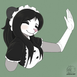 anthro armwear black_hair clothing elbow_gloves eyes_closed female fur gloves goodbye grey_body grey_fur hair handwear maid_uniform pink_nose solo uniform white_body white_clothing white_fur white_gloves white_handwear allartskye kia_(allartskye) american_opossum mammal marsupial 1:1 hi_res