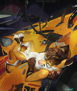 animal_genitalia anthro balls biped black_claws black_eyebrows black_stripes brown_body brown_ears brown_fur brown_hair brown_tail cheek_tuft claws countershade_arms countershade_face countershade_feet countershade_hands countershade_legs countershade_tail countershade_thighs countershade_torso countershading dipstick_ears ear_markings eyebrows eyes_closed eyewear facial_tuft feet finger_claws fur futuristic genitals glasses glistening glistening_pawpads hair inner_ear_fluff inside lying machine male mechanic messy_hair multicolored_ears nude on_back orange_body orange_fur orange_tail pawpads penis penis_tip pink_nose pink_pawpads pink_penis rectangular_glasses screwdriver sheath short_hair sleeping slim slim_anthro slim_male solo striped_arms stripes tail text tools tuft vehicle white_balls white_body white_fur white_inner_ear_fluff white_sheath white_tail white_toes wrench yellow_body yellow_ears yellow_fur oselotti canid canine fox mammal 2019 absurd_res artist_name digital_media_(artwork) digital_painting_(artwork) hi_res painting_(artwork) signature