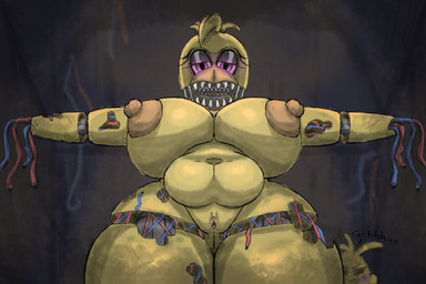 anthro areola beak big_breasts breasts eyelashes female front_view genitals glowing glowing_eyes head_feathers head_tuft huge_breasts looking_at_viewer low-angle_view machine navel nipples nude open_mouth orange_areola orange_nipples purple_eyes sharp_teeth slightly_chubby solo t-pose teeth thick_thighs tuft vulva wide_hips wire yiomotwt five_nights_at_freddy's five_nights_at_freddy's_2 scottgames withered_chica_(fnaf) animatronic avian bird chicken galliform phasianid robot absurd_res hi_res