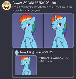 1_horn blue_body blue_eyes blue_fur curly_mane eyebrows eyelashes fake_screencap feral fur hooves horn humor magenta_eyes mane multicolored_mane one_eye_closed open_mouth orange_mane parody quadruped rainbow_mane raised_hoof retweet sitting smile solo text tongue unicorn_horn white_sclera wings yellow_body yellow_fur briarlight_(artist) @vlonepredator friendship_is_magic hasbro my_little_pony mythology twitter x_(social_media) x_corporation rainbow_dash_(mlp) earth_pony equid equine horse mammal mythological_creature mythological_equine pegasus pony unicorn 2024 digital_drawing_(artwork) digital_media_(artwork) english_text hi_res icon