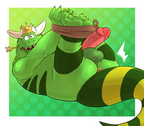 4_fingers 4_toes anthro anus arms_tied aroused balls big_tail bodily_fluids body_hair bound claws clothing cowboy_hat erection exposed feet feet_tied fingers genitals green_body green_scales green_skin hairy_balls hands_tied hat headgear headwear hogtied lasso legs_tied legs_up looking_at_viewer lying male markings multicolored_body object_in_mouth on_back open_mouth oral_fixation overweight overweight_anthro overweight_male pattern_background penis presenting raised_arms red_eyes rope scales sharp_teeth sheriff sheriff_badge shocked simple_background solo striped_body striped_markings striped_tail stripes surprised sweat sweating_profusely tail tail_anus tail_markings teeth teeth_showing thick_tail toes two_tone_body two_tone_tail vein veiny_penis haxsmack dreamworks turbo_(franchise) rudy_guana iguana iguanid lizard reptile scalie hi_res