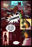 anthro bioluminescence black_border border canid canine canis chair clothed clothing comic dialogue digital_media_(artwork) domestic_dog duo_focus ear_piercing electronics english_text front_view furniture glowing green_eyes group inside landline_phone male mammal office on_chair page_number phone piercing rear_view rotary_phone sitting sitting_on_chair speech_bubble tail teeth text worker working yelling zambuka zombie_(character)