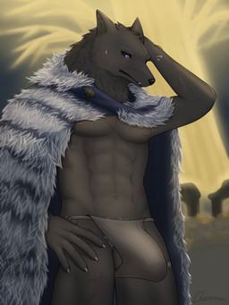 abs anthro areola arm_scar balls biped black_nose black_sclera blue_cape blue_clothing blush blush_lines bodily_fluids bulge cape cheek_tuft chest_scar claws clothed clothed_anthro clothed_male clothing detailed_bulge erdtree erection erection_under_clothing facial_scar facial_tuft fangs finger_claws fingers flying_sweatdrops fur genitals glistening glistening_eyes grey_balls grey_body grey_fur grey_inner_ear_fluff hand_on_head hand_on_hip humanoid_genitalia humanoid_penis inner_ear_fluff leg_scar looking_down male male_anthro navel nipples pantsless pantsless_anthro pantsless_male penis pink_areola pink_nipples pointy_ears pubes purple_eyes scar solo sweat sweatdrop teeth text tuft underwear white_pubes luto_tori elden_ring fromsoftware blaidd_(elden_ring) canid canine canis mammal wolf 2022 3:4 absurd_res artist_name digital_media_(artwork) hi_res
