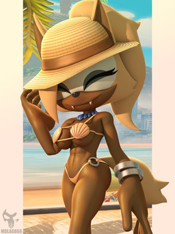 abs anthro beach bikini bikini_bottom bikini_thong bikini_top blonde_hair bra bracelet breasts city cityscape cleavage clothed clothing dark_body dark_skin eyeshadow fangs female hair happy hat headgear headwear jewelry makeup necklace palm_tree plant pointy_ears ponytail pose sea seashell_bra smile solo straw_hat swimwear teeth tree two-piece_swimsuit underwear water m0lag idw_publishing sega sonic_the_hedgehog_(comics) sonic_the_hedgehog_(idw) sonic_the_hedgehog_(series) whisper_the_wolf canid canine canis mammal wolf 2025 3:4 3d_(artwork) digital_media_(artwork) hi_res pinup