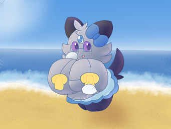 anthro beach big_breasts bottomwear bow_ribbon bra breasts clothing eyewear female freckled_face freckles fusion glasses huge_breasts pokemon_fusion seashell_bra skirt solo tuft underwear nanabsylve nintendo pokemon espurr generation_5_pokemon generation_6_pokemon oshawott pokemon_(species) 4:3 hi_res