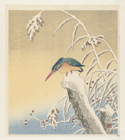 ambiguous_feral ambiguous_gender avian_feet beak big_beak biped bipedal_feral cjk_character feathered_crest feathered_wings feathers feral gradient_background head_crest plant scuted_feet scuted_legs scutes simple_background snow standing tail tail_feathers tree_stump wings ohara_koson public_domain avian bird coraciiform kingfisher 20th_century absurd_res ancient_art hi_res traditional_media_(artwork)