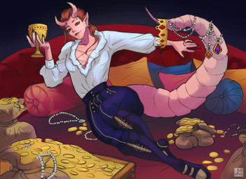 black_nails breasts cloth clothing coin colored_nails container crown cup dark fantasy female hair headgear holding_object horn jewelry long_hair long_tail looking_at_viewer nails red_body red_hair red_skin rogue shirt solo tail thick_tail thief topwear treasure white_clothing white_shirt white_topwear whitebaloo dungeons_and_dragons hasbro wizards_of_the_coast human humanoid mammal tiefling full-length_portrait hi_res portrait