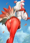 blue_sky butt butt_focus clothed clothing dress feathers female gloves hair handwear head_wings legwear long_hair low-angle_view outside pantyhose red_body red_feathers singing sky solo standing tail tail_feathers unusual_wing_placement upskirt white_body white_feathers white_hair wings yellow_eyes shaolin_bones kemono_friends japanese_crested_ibis_(kemono_friends) animal_humanoid avian avian_humanoid humanoid hi_res portrait three-quarter_portrait