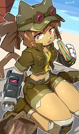 anthro arm_cannon basket beach belt boots bottomwear breasts brown_body brown_hair clothing container eyebrows eyewear female food footwear glistening goggles hair hat headgear headwear knee_pads magenta_eyes midriff open_mouth ponytail sandwich_(food) shirt shoes shorts sitting solo topwear wariza weapon_arm whiskers yellow_sclera aqualitas5 gameoverse glitch_productions kit_bodega domestic_cat felid feline felis mammal 2026 absurd_res hi_res