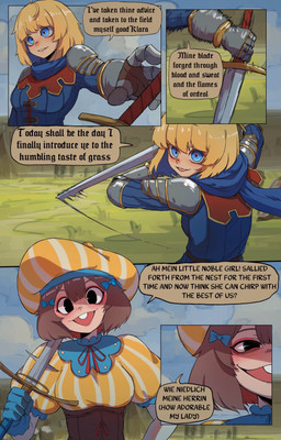 armor buckteeth duo female freckled_face freckles looking_at_viewer melee_weapon motion_lines outside smile speech_bubble sword teeth text weapon basedbinkie flayne_(basedbinkie) klara_(basedbinkie) animal_humanoid human humanoid lagomorph lagomorph_humanoid leporid_humanoid mammal mammal_humanoid rabbit_humanoid absurd_res english_text german_text hard_translated hi_res translated