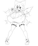 big_breasts blush bow_ribbon breast_expansion breasts clothing expansion female huge_breasts hyper hyper_breasts smile solo speech_bubble standing torn_clothing wings zozo_draws embodiment_of_scarlet_devil touhou cirno fairy humanoid absurd_res hi_res monochrome