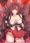 big_breasts blush bottomwear breasts brown_hair butt butt_from_the_front camel_toe clothing female gloves hair handwear inner_ear_fluff long_hair looking_at_viewer multi_tail red_eyes simple_background skirt smile solo tail tuft underwear kanachirou azur_lane akagi_(azur_lane) animal_humanoid canid canid_humanoid humanoid mammal mammal_humanoid 2018 hi_res