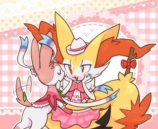 3_fingers :3 afterimage ambiguous_anthro ambiguous_feral ambiguous_gender anthro arm_tuft big_tail biped black_body black_fur blush blush_lines bottomwear bow_ribbon cheek_tuft clothed clothed_anthro clothed_feral clothing digitigrade dipstick_tail duo emanata eyelashes eyes_closed facial_tuft feral fingers fluffy fluffy_tail front_view fur hat headgear headwear heart_symbol hip_tuft imminent_kiss inner_ear_fluff markings multicolored_body multicolored_fur object_in_tail open_:3 open_mouth open_smile orange_body orange_eyes orange_fur orange_inner_ear_fluff orange_nose orange_tail_tip pattern_background pink_body pink_fur plaid plaid_background pointy_ears prick_ears quadruped rear_view ribbons_(anatomy) shoulder_tuft simple_background skirt smile snout standing stick stick_in_tail tail tail_markings tail_motion tailwag tuft two_tone_tail white_body white_fur yellow_body yellow_fur yellow_tail sugarsylvie nintendo pokemon pokemon_(anime) braixen canid eeveelution generation_6_pokemon mammal pokemon_(species) sylveon 2025 cel_shading colored digital_drawing_(artwork) digital_media_(artwork) hi_res shaded signature female_(lore)