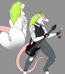 alternative_fashion anthro anus bass_guitar beer_bottle bottle bottomwear butt clothed clothing collar container denim denim_bottomwear denim_clothing electric_guitar female fingerless_gloves fur genitals gloves green_hair guitar hair handwear jeans musical_instrument nude pants plucked_string_instrument punk red_eyes sharp_teeth solo spiked_collar spikes string_instrument tattoo teeth tongue tongue_out torn_bottomwear torn_clothing torn_jeans torn_pants vulva white_body white_fur vaenerik_naarla mammal murid murine rat rodent hi_res