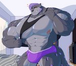 5_fingers abs anthro bedroom biceps big_muscles biped briefs bulge clothing fingers fur grey_body grey_fur hair huge_muscles hyper hyper_muscles male markings multicolored_body multicolored_fur muscular muscular_anthro muscular_male pecs purple_clothing purple_eyes purple_hair purple_spots purple_underwear shirt shy solo spots spotted_markings tall tank_top topwear two_tone_body two_tone_fur underwear undressing_self penbeetle ja'aran_(sona) felid mammal pantherine snow_leopard absurd_res hi_res