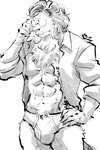 anthro briefs bulge clothed clothing eyewear glasses hand_on_head hand_on_hip male open_clothing open_shirt open_topwear shirt simple_background solo tighty_whities topwear underwear white_background white_briefs white_clothing white_underwear shirako beastars ibuki_(beastars) felid lion mammal pantherine hi_res monochrome signature