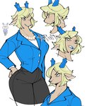 anthro antlers biped black_bottomwear black_clothing black_skirt blazer blonde_hair blue_antlers blue_clothing blue_eyes blue_jacket blue_lips blue_topwear bottomwear breasts clothing eyebrow_through_hair eyebrows eyelashes female freckles frown fur gem hair horn jacket jewelry lips necklace pearl_(gem) pearl_necklace scowl sharp_teeth shirt simple_background skirt snout solo sprite tan_body tan_fur tan_inner_ear teeth teeth_showing topwear translucent translucent_hair white_background white_clothing white_shirt white_topwear suda deltarune undertale_(series) carol_holiday deer mammal 2025 hi_res multiple_images signature