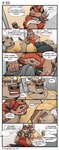 anthro blush boss_(gym_pals) bottomwear bovid bovine bulge canid canine canis cattle clothed clothing comic dialogue english_text erection erection_under_clothing gym_pals h155296 hi_res male male/male mammal manager_(gym_pals) shorts sleeping text wolf