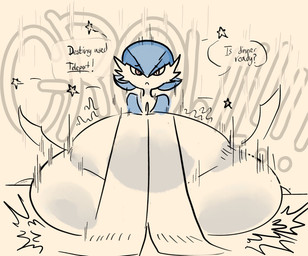 anthro belly belly_on_table big_belly dialogue female furniture huge_belly hyper hyper_belly looking_at_viewer looking_back looking_back_at_viewer onomatopoeia question rumbling_stomach simple_background solo sound_effects table teleportation text white_background yellow_eyes kan_sais nintendo pokemon destiny_(kan_sais) gardevoir generation_3_pokemon pokemon_(species) shiny_pokemon hi_res