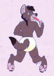 anthro bodily_fluids clothed clothing diaper dipstick_tail eyebrows fur genital_fluids hair looking_back markings multicolored_tail peeing simple_background solo tail tail_markings unclean_diaper urine used_diaper wearing_diaper wet_diaper wetting dracky hyena mammal hi_res