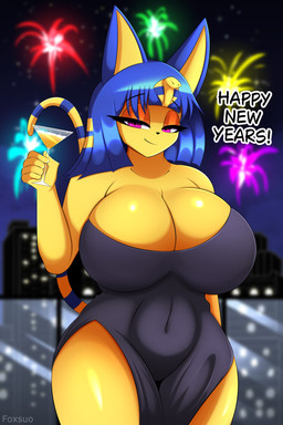 animal_ears anthro bedroom_eyes big_breasts biped black_clothing blue_hair breasts cleavage clothed clothing dialogue dress eyelashes female fireworks glistening glistening_body hair looking_at_viewer narrowed_eyes pupils seductive smile solo text thick_thighs yellow_body foxsuo animal_crossing nintendo ankha_(animal_crossing) domestic_cat felid feline felis mammal 2025 absurd_res english_text hi_res