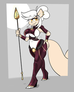 anthro big_breasts biped bite biting_lip biting_own_lip black_bottomwear black_clothing black_topwear bottomwear breasts clothed clothing crossgender ear_piercing ear_ring female front_view fur hair holding_melee_weapon holding_object holding_polearm holding_spear holding_weapon melee_weapon mtf_crossgender piercing polearm ring_piercing self_bite simple_background smile solo spear tail topwear walking weapon white_hair buxy coffee_(buxy) mammal rodent sciurid tree_squirrel 2022 absurd_res colored digital_drawing_(artwork) digital_media_(artwork) hi_res
