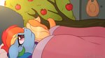 bed blonde_hair duo furniture hair infidelity multicolored_hair on_bed pink_eyes plant rainbow_hair tree under_covers ratofdrawn ah_yes._me._my_girlfriend. friendship_is_magic hasbro my_little_pony applejack_(mlp) rainbow_dash_(mlp) equid equine horse mammal pony 16:9 2020 digital_media_(artwork) hi_res meme widescreen