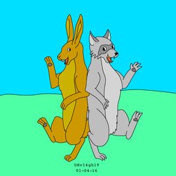 ambiguous_gender back_to_back blue_sky dancing day duo feet feral fur grass grey_body grey_fur happy outside plant sky smile teeth toony urbanhermit lagomorph leporid mammal procyonid rabbit raccoon 1:1 2001 dated