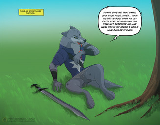 animal_genitalia anthro armor balls blood bodily_fluids bottomless claws clothed clothing genitals grass melee_weapon no_underwear plant roots sheath sky sweat sword text tree weapon thathornycat armello league_of_geeks thane_(armello) canid canine canis mammal wolf absurd_res english_text hi_res