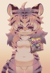 4_fingers ahoge anthro breasts butt butt_from_the_front cheek_tuft chest_tuft chips_(food) claws eating facial_tuft featureless_breasts featureless_crotch female female_anthro finger_claws fingers fluffy food fur hair holding_food holding_object inner_ear_fluff kemono looking_at_viewer multicolored_body multicolored_ears multicolored_fur multicolored_hair multicolored_tail navel nude potato_chips slightly_chubby small_breasts solo tail text thigh_gap tuft wide_hips racal_ra felid mammal pantherine tiger 2022 absurd_res digital_media_(artwork) half-length_portrait hi_res japanese_text portrait restricted_palette signature translated translated_description