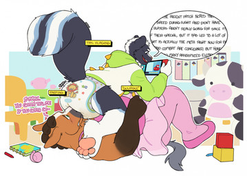 4_toes abdl accident anthro ballet black_body black_eyes black_fur blue_body blue_fur blue_tail blush bodily_fluids bottomless bottomwear brown_body brown_fur chart clothed clothing container cup dance_shoes dancewear dialogue diaper diaper_on_face duo eyebrows facesitting feces feet footwear fur gaming genital_fluids green_eyes grey_tail hair hoodie hoodie_only legs_on_shoulders lying male male/male nervous nursery onomatopoeia pawpads pink_bottomwear pink_clothing pink_footwear pink_nose pink_shoes playing_video_game plushie pointe_shoes pooping raised_tail shoes sitting sitting_on_another skirt soiled_diaper soiling soiling_diaper sound_effects speech_bubble straddling tail tea_cup teapot text toes topwear topwear_only tutu unclean_diaper urine used_diaper using_diaper wearing_diaper weather_chart wet_diaper wetting wetting_diaper white_body white_eyebrows white_feet white_fur white_hair white_hands white_sclera white_tail yapping amomon nintendo nintendo_switch budd_hawhee_(dexarooni) fritz_(fritzdaskunk) dinosaur equid equine horse mammal mephitid pony prehistoric_species reptile scalie skunk english_text hi_res